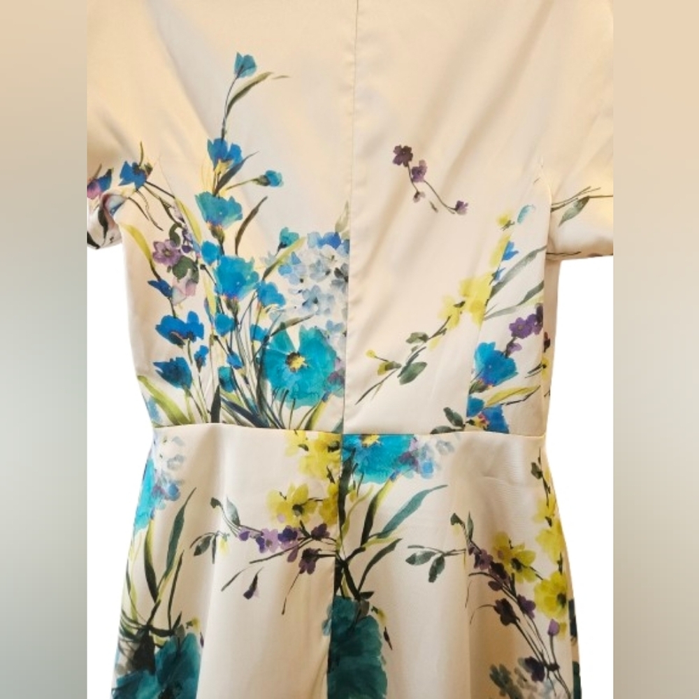 Teri Jon Colorful Floral-Print Short-Sleeve Mikado Midi Dress Women's Size 8 - Picture 5 of 12